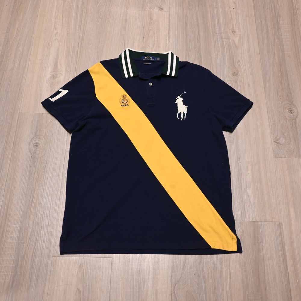 Polo Ralph Lauren Custom Slim Fit Polo Shirt  Size L Navy Yellow Crest Big Pony
